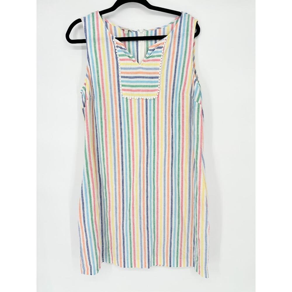 Talbots‎ Rainbow Striped Linen Sleeveless Dress Size 16 Petite Coastal Pom Pom